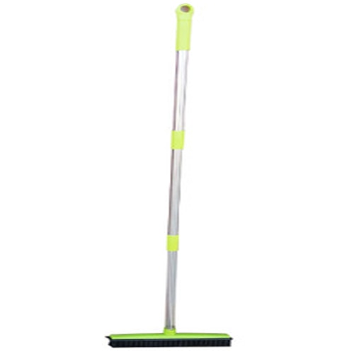 Rubber broom with a silver metal handle and lime green grips and head on a plain background.