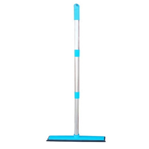 Rubber broom with a silver metal handle and bright blue grips and head on white.