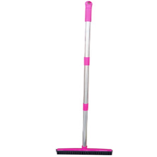 Rubber broom with a silver metal handle and hot pink grips and head on a white background.