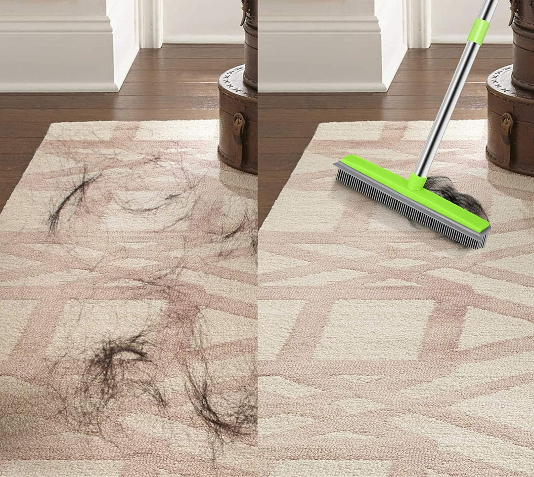 Before-and-after comparison on a patterned beige rug with dark pet hair and the green broom sweeping it clean.