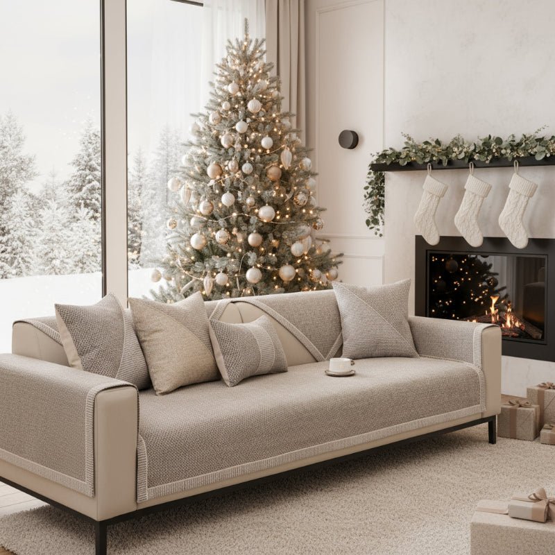 Taupe woven sofa cover on a couch in a living room decorated for Christmas, with a lit tree and stockings. 2