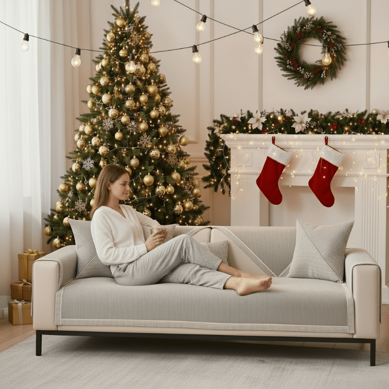 Woman in white sweater and gray pants relaxing on a sofa with a light gray cover, beside a decorated Christmas tree. 3