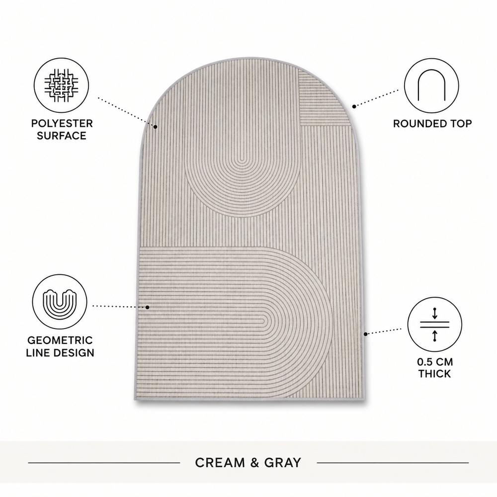 Beige and grey arch-shaped polyester mat detail showing the geometric line design and 0.5 cm thickness.