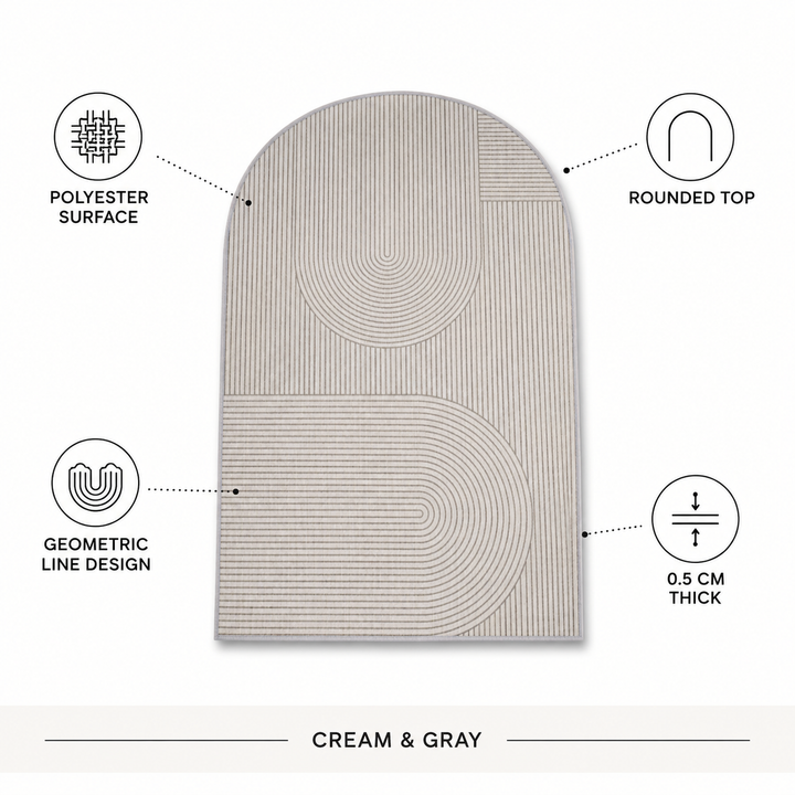 Beige and grey arch-shaped polyester mat detail showing the geometric line design and 0.5 cm thickness.