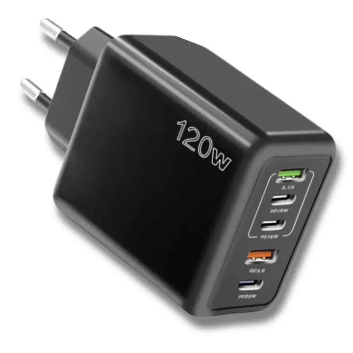 Black 5-Port USB Wall Charger detail showing the two round prongs and USB-A and USB-C ports.