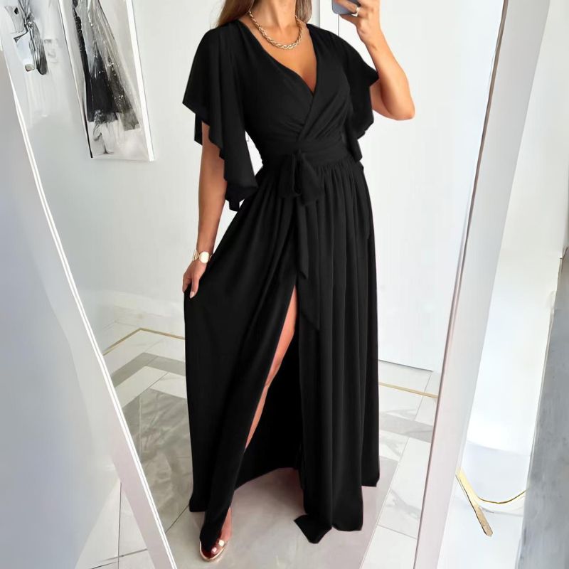 V-neck summer dress with bell sleeves – Sofia-Black-S-Nora Luxe