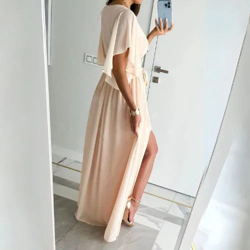 V-neck summer dress with bell sleeves – Sofia-White-S-Nora Luxe
