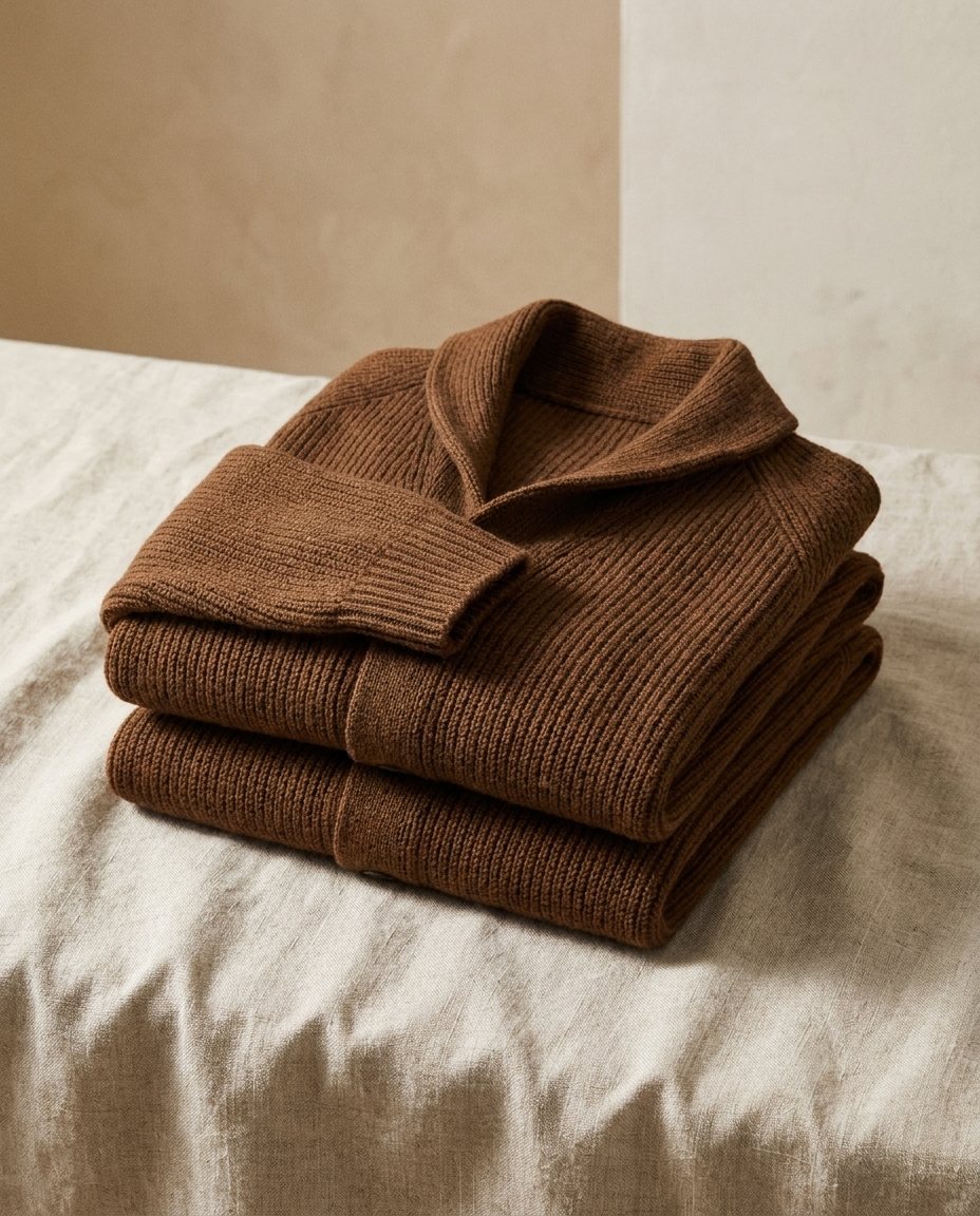 Two folded brown cardigans stacked on a rumpled linen cloth, showing the collar and ribbed cuff 12