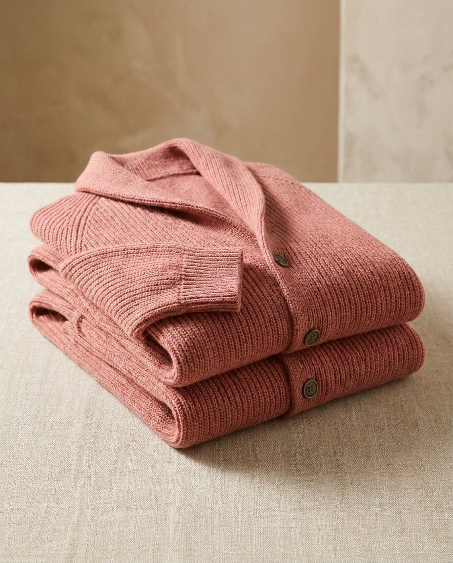Two folded terracotta cardigans stacked on a linen-covered table, showing the shawl collar, buttons and ribbed cuff 7