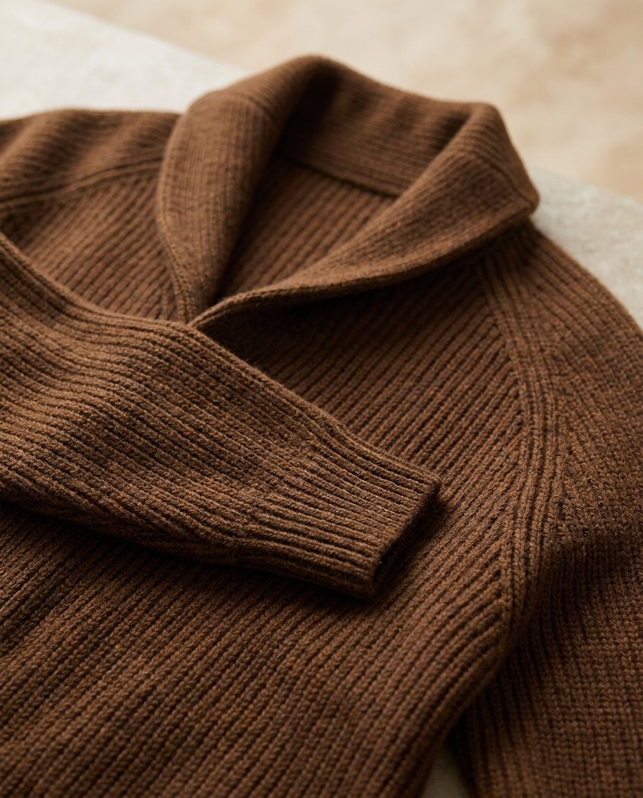 Close-up of the brown cardigan's shawl collar, raglan seam and ribbed cuff, showing the knit texture 13