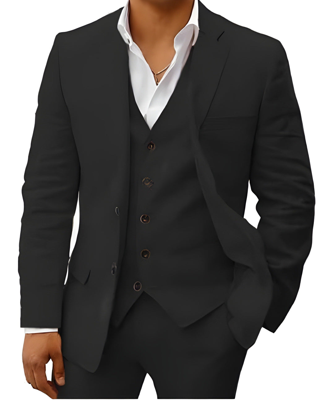 Men's three-piece suit in black, detail of the jacket open over a five-button vest with brown buttons and a white shirt.
