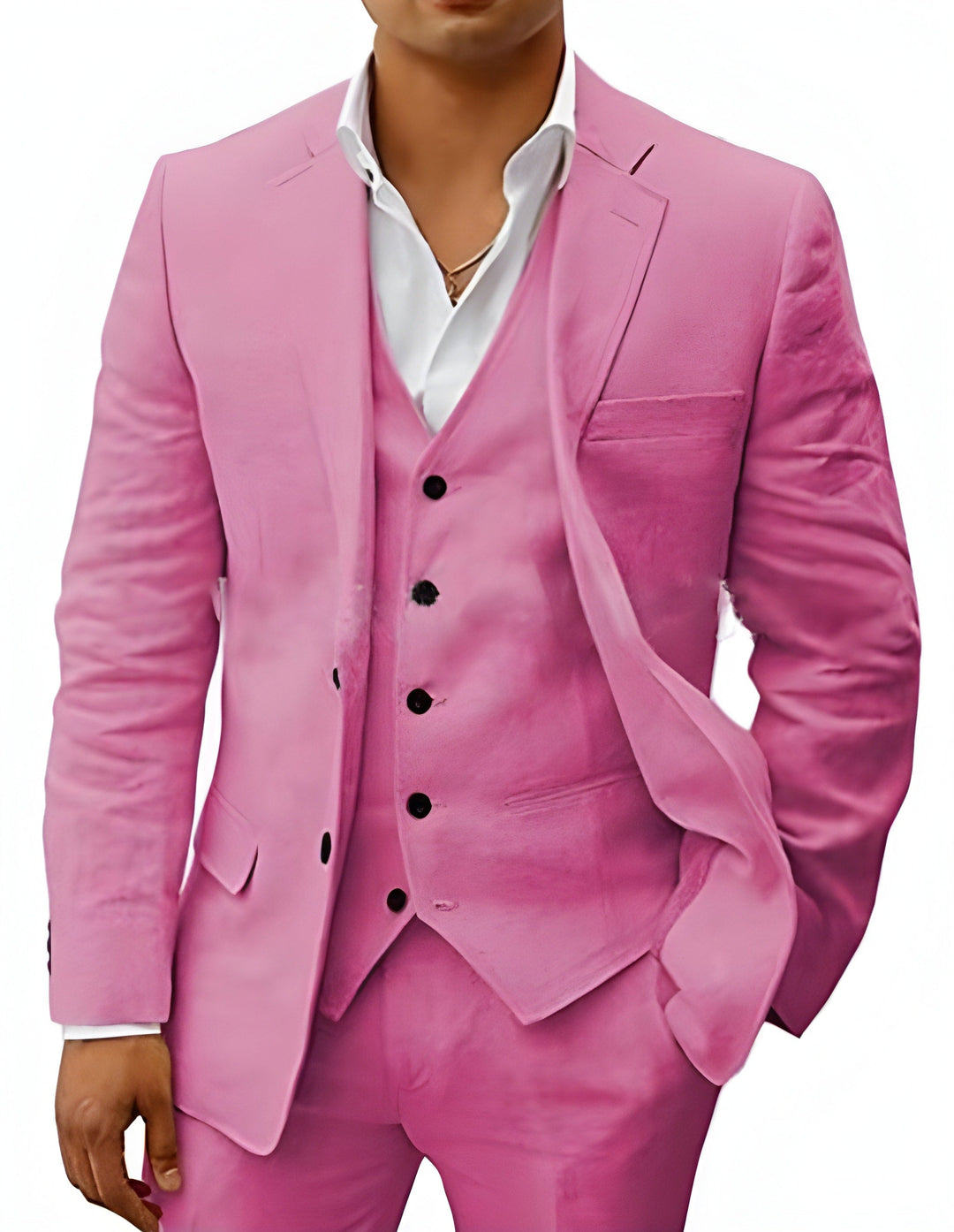 Men's three-piece suit in medium pink, detail of the jacket open over a matching vest with black buttons, hand in trouser pocket.