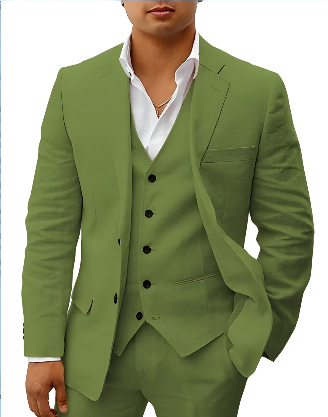 Men's three-piece suit in olive green, detail of the notch lapel, flap pocket and five-button vest over a white shirt.