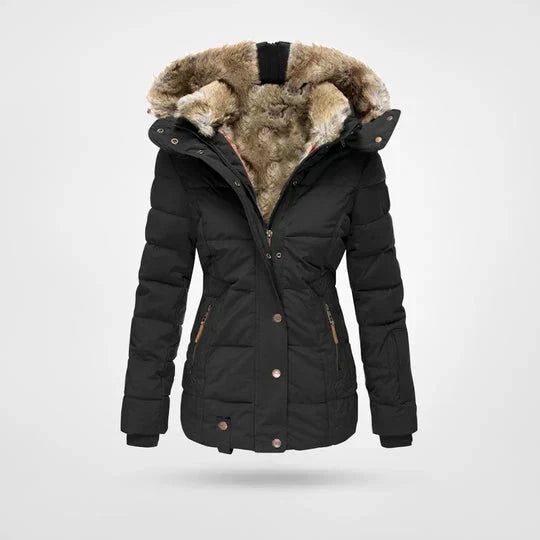 Black quilted winter jacket with a fluffy faux-fur lined hood, snap buttons, front zipper and zippered hip pockets