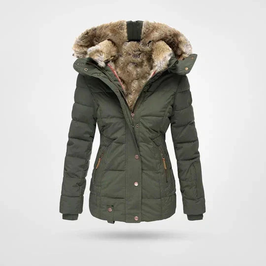 Olive green version of the quilted hooded jacket with soft fur lining, snap-button placket and zippered pockets