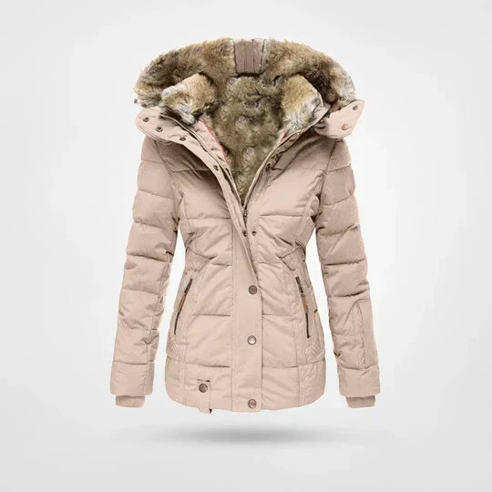 Light beige version of the quilted winter jacket with a thick fur-lined hood, snap closures and zippered side pockets