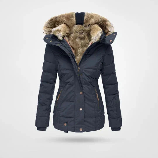 Navy blue version of the quilted winter jacket with a warm fur-lined hood, snap-button front and zippered hip pockets
