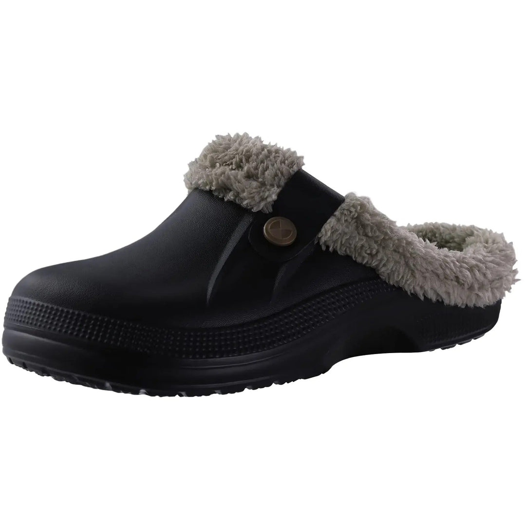 Black clog with gray plush lining, side button strap and ridged sole on a white background 1