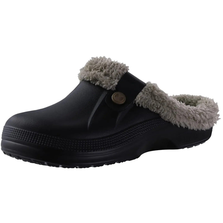 Black clog with gray plush lining, side button strap and ridged sole on a white background 1