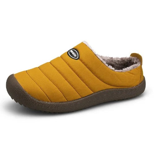 Single mustard yellow quilted slip-on slipper with fleece lining and dark brown rubber sole 13