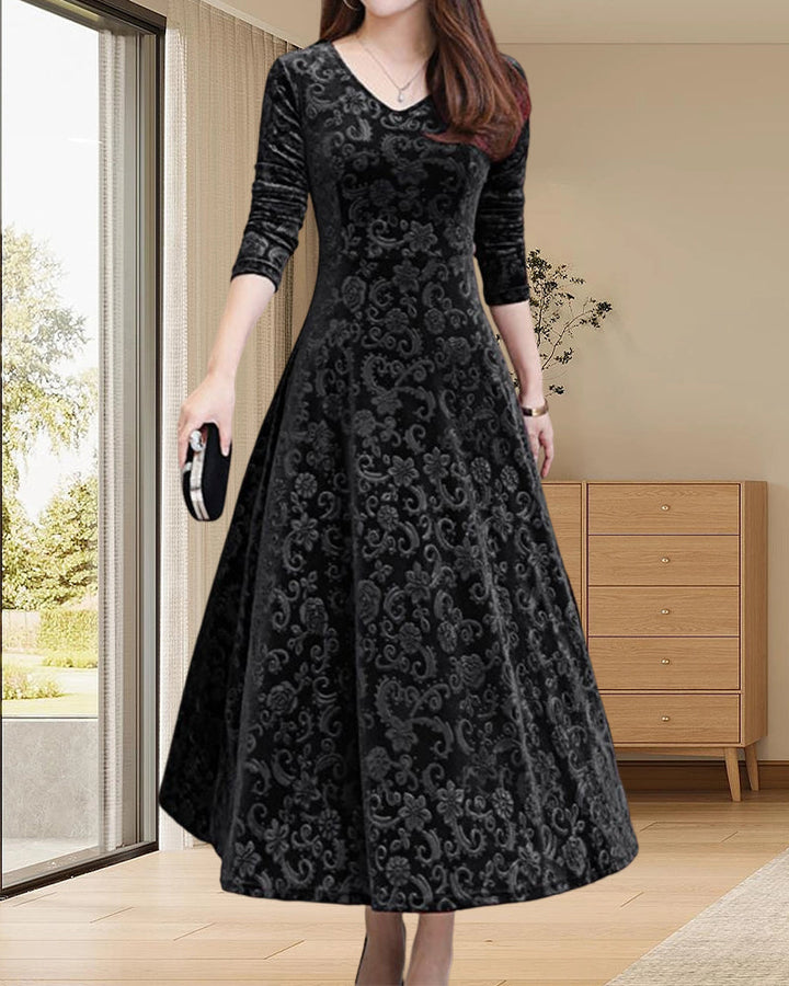 Velvet Midi Dress with Long Sleeves - Selina-Red wine-M-Nora Luxe