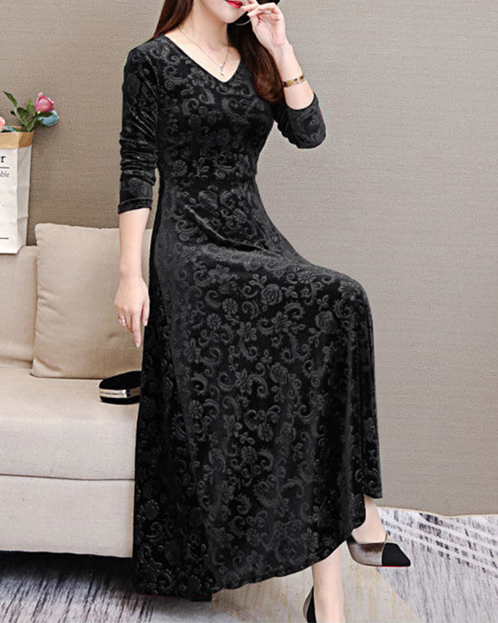 Velvet Midi Dress with Long Sleeves - Selina-Red wine-M-Nora Luxe