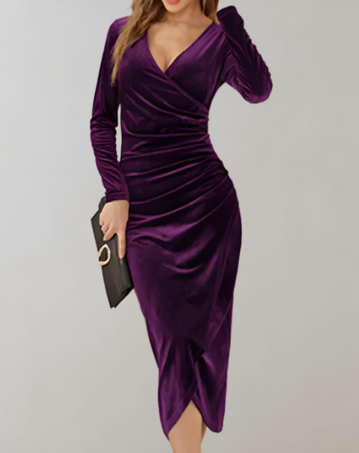 Velvet Wrap Dress with Long Sleeves and Ruffles - Valeria-Black-S-Nora Luxe