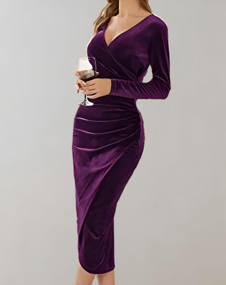 Velvet Wrap Dress with Long Sleeves and Ruffles - Valeria-Purple-S-Nora Luxe