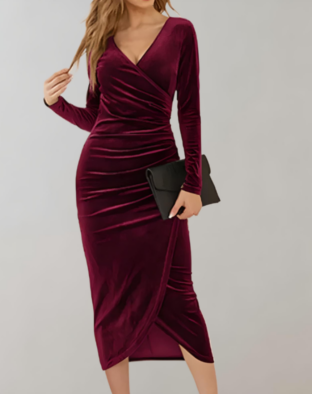 Velvet Wrap Dress with Long Sleeves and Ruffles - Valeria-Red-S-Nora Luxe