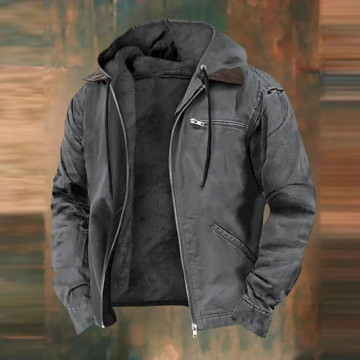 Same hooded zip jacket in charcoal gray, open at the front with fleece lining, zippered chest pocket and slanted side pocket visible. 4