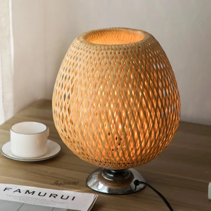 Vintage Bamboo Table Lamp - TimberGlow-Small Wooden Foot - H14.17 in × W9.06 in-Nora Luxe