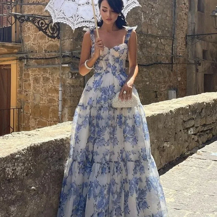 Vintage Blue Floral Print Strapless Evening Dress - Elena-Blue-XS-Nora Luxe