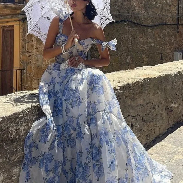 Vintage Blue Floral Print Strapless Evening Dress - Elena-Blue-XS-Nora Luxe