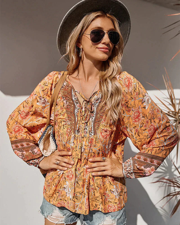 Vintage Boho summer blouse with floral print and long sleeves – Sana-Orange-S-The Livary