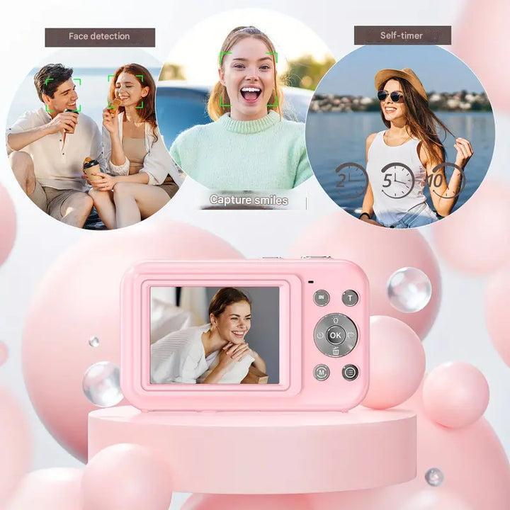 Pink camera on a pedestal among bubbles, with circles showing face detection and self-timer shots 6