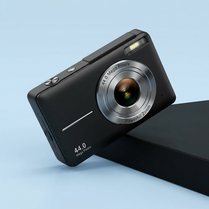 Black camera leaning against a black block on a light blue background, lens ring facing forward 12