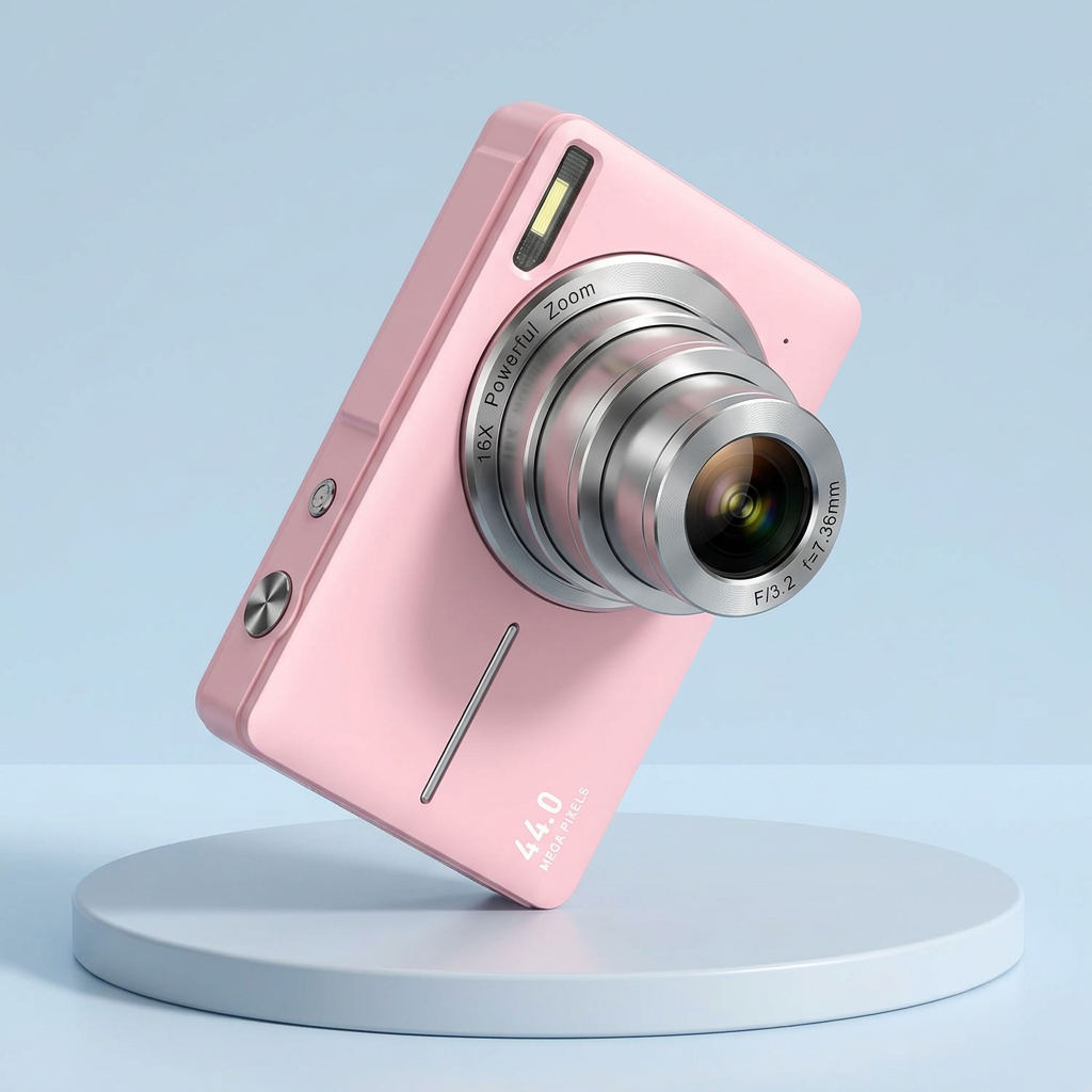 Pink camera tilted on a round pale blue platform with its lens extended in zoom position 11