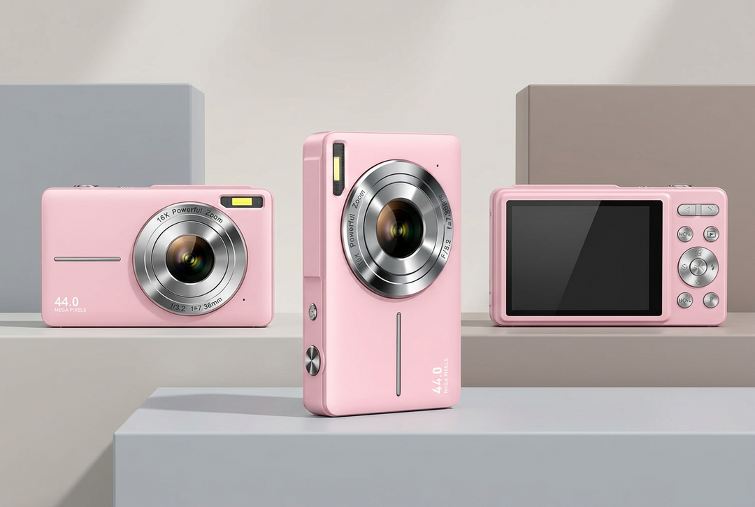 Pink camera shown three ways on pastel blocks: front, side view and back with the screen and controls 11