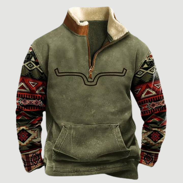 Vintage Fleece Winter Jumper with Zip for Men - Felix-Olive with Horn Motif-S-Nora Luxe
