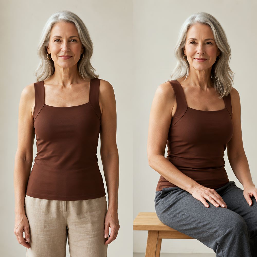 Two views of one woman in a brown tank, standing in linen pants and sitting on a stool 5