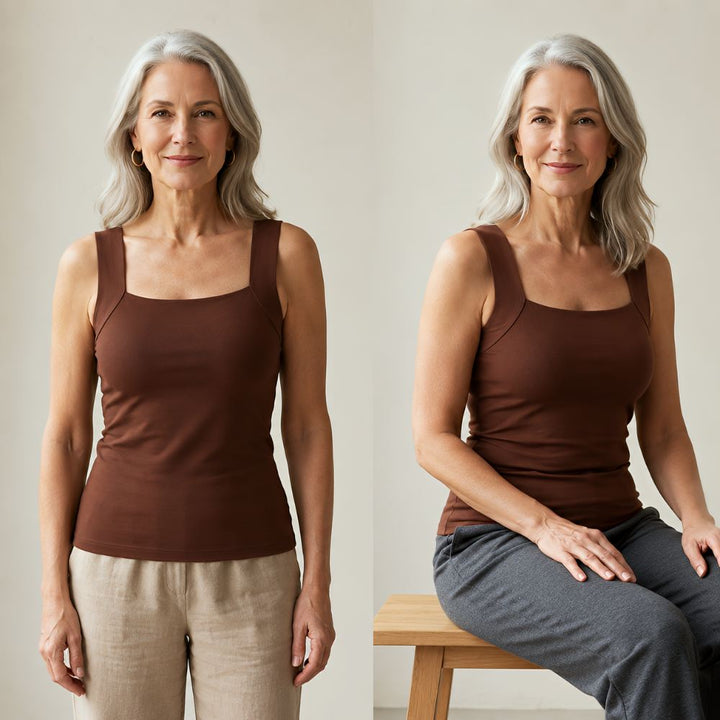 Two views of one woman in a brown tank, standing in linen pants and sitting on a stool 5