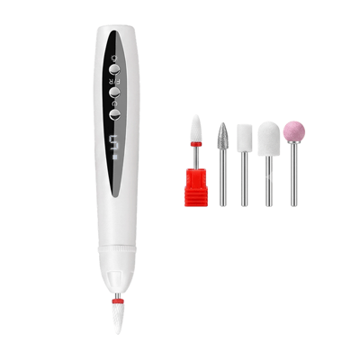 White pen-style nail drill with a column of control buttons and a small display, shown next to five loose bits. 6