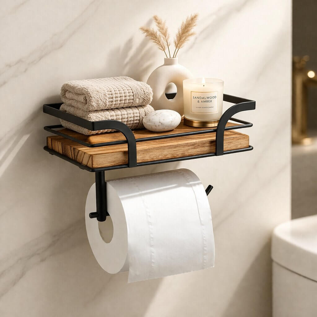 Black metal toilet paper holder with a wooden shelf on a marble wall, with folded towels and bathroom items.