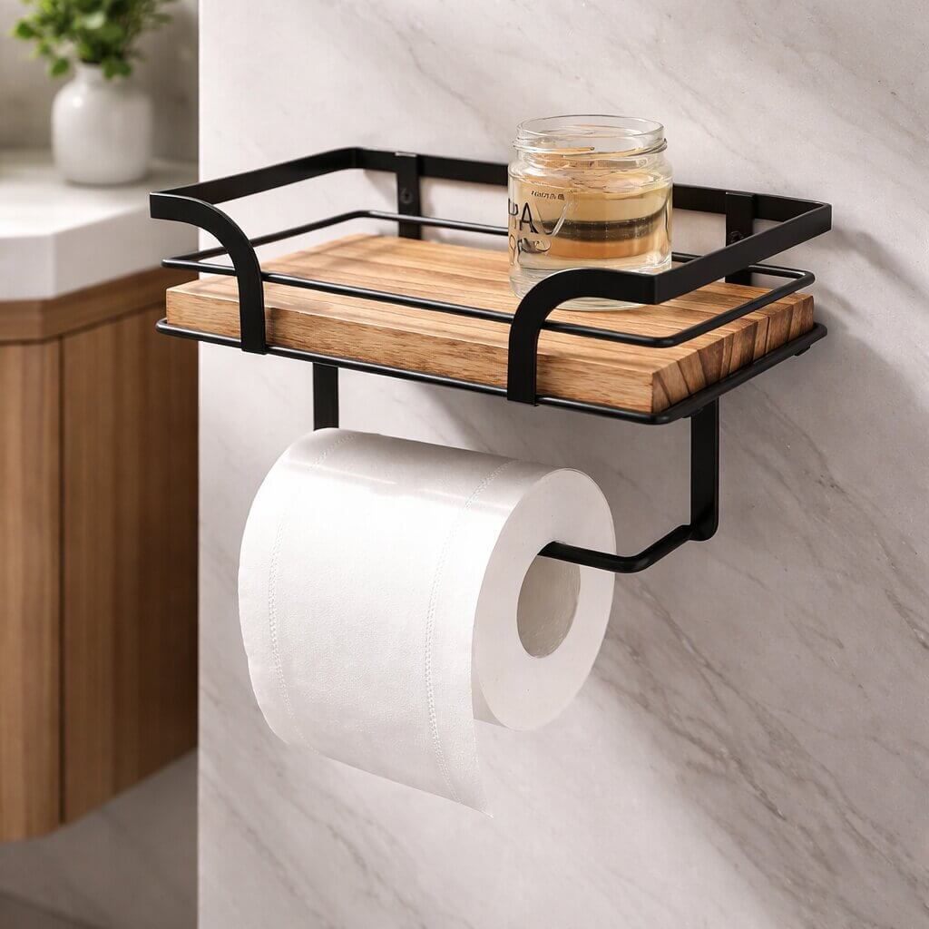 Close-up detail of the black metal frame and wooden shelf holding a small glass jar, with a toilet paper roll below.