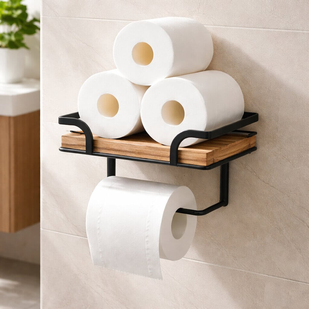 Toilet paper holder detail with three spare toilet paper rolls on the wooden shelf above a roll hanging below.