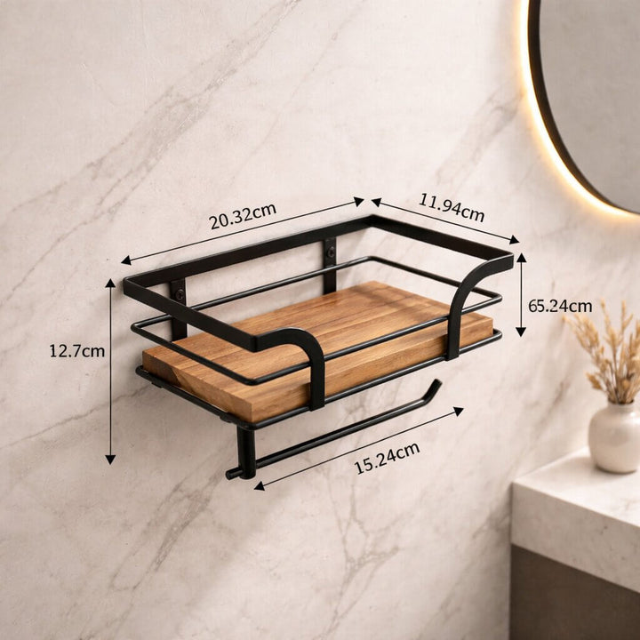 Toilet paper holder another view on a marble wall with dimension lines marking the shelf and roll arm measurements.