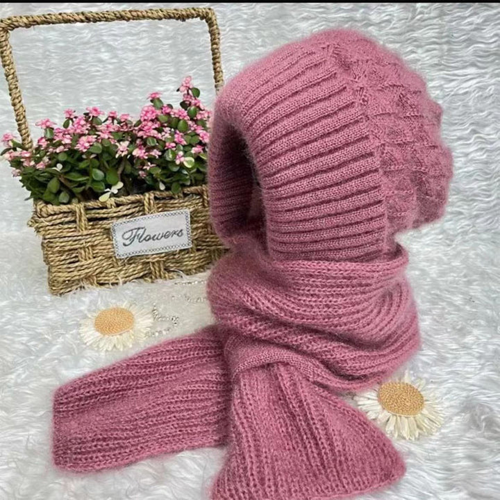 Warm Ladies Beanie with Integrated Scarf - Nora-Khaki-Nora Luxe