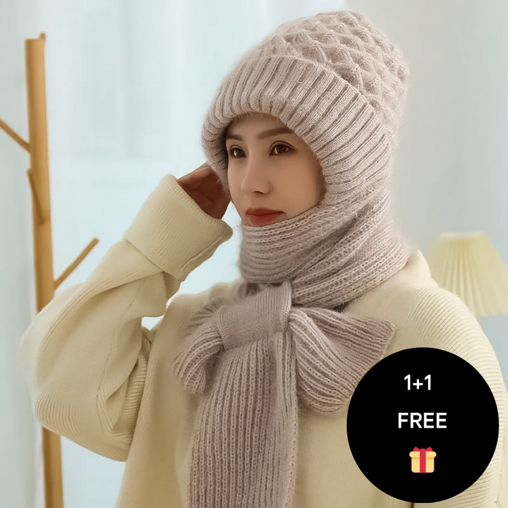 Warm Ladies Beanie with Integrated Scarf - Nora-Khaki-Nora Luxe