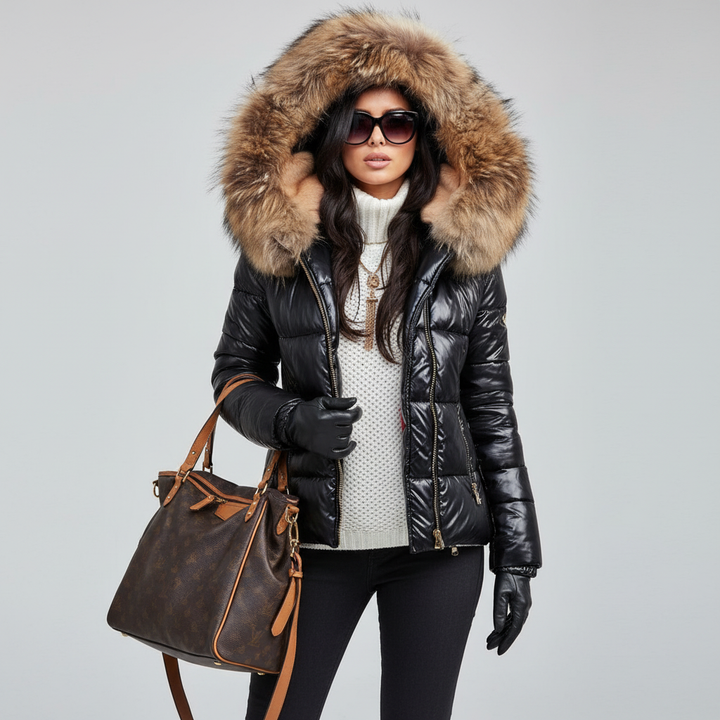 Black quilted parka with a fur hood, shown on a model in a studio.