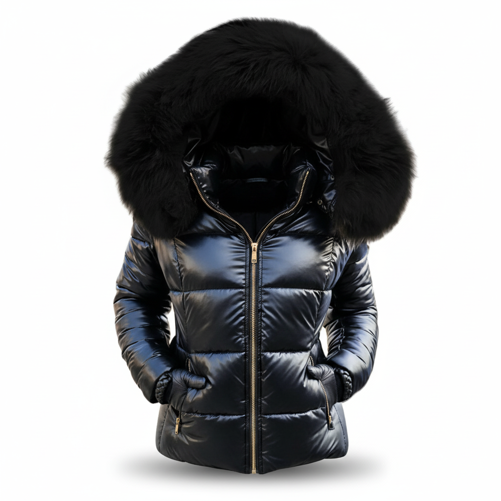 Black quilted parka with a black fur hood, gold zipper and zippered hand pockets.
